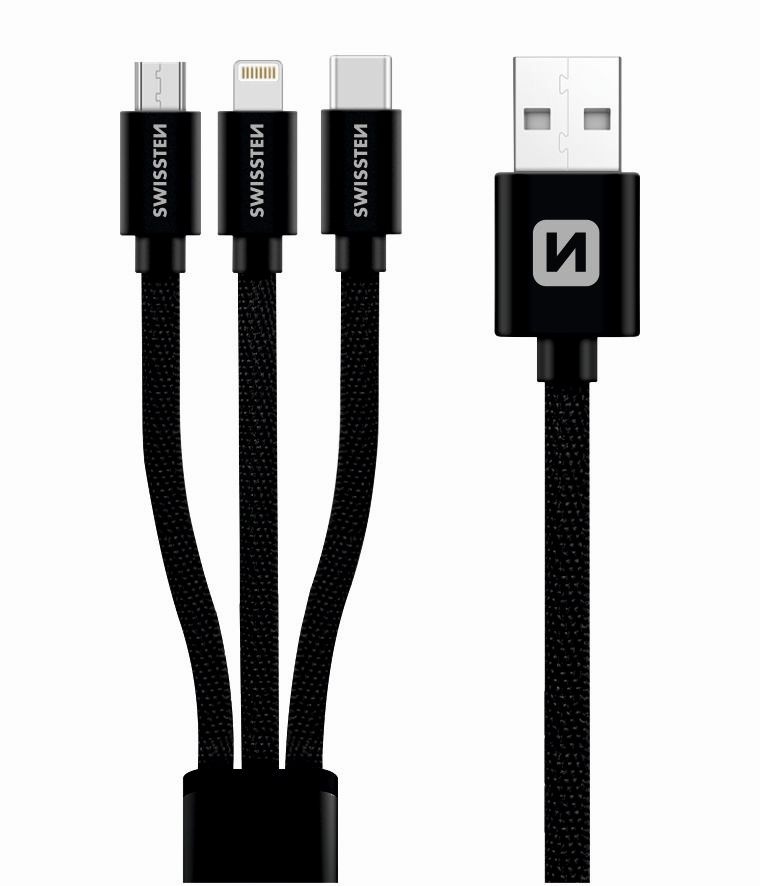SWISSTEN kabel USB 3v1 - lightning Mfi / microUSB / USB-C 1,2 m černý