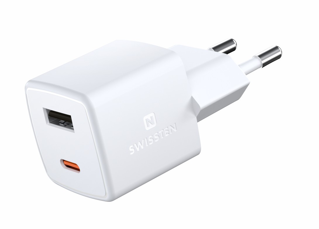 SWISSTEN mini síťový adaptér GaN 1x USB-C + 1x USB 30W power delivery