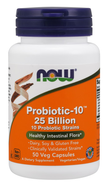 NOW Probiotic-10, probiotika, 25 miliard CFU, 10 kmenů, 50 rostlinných kapslí