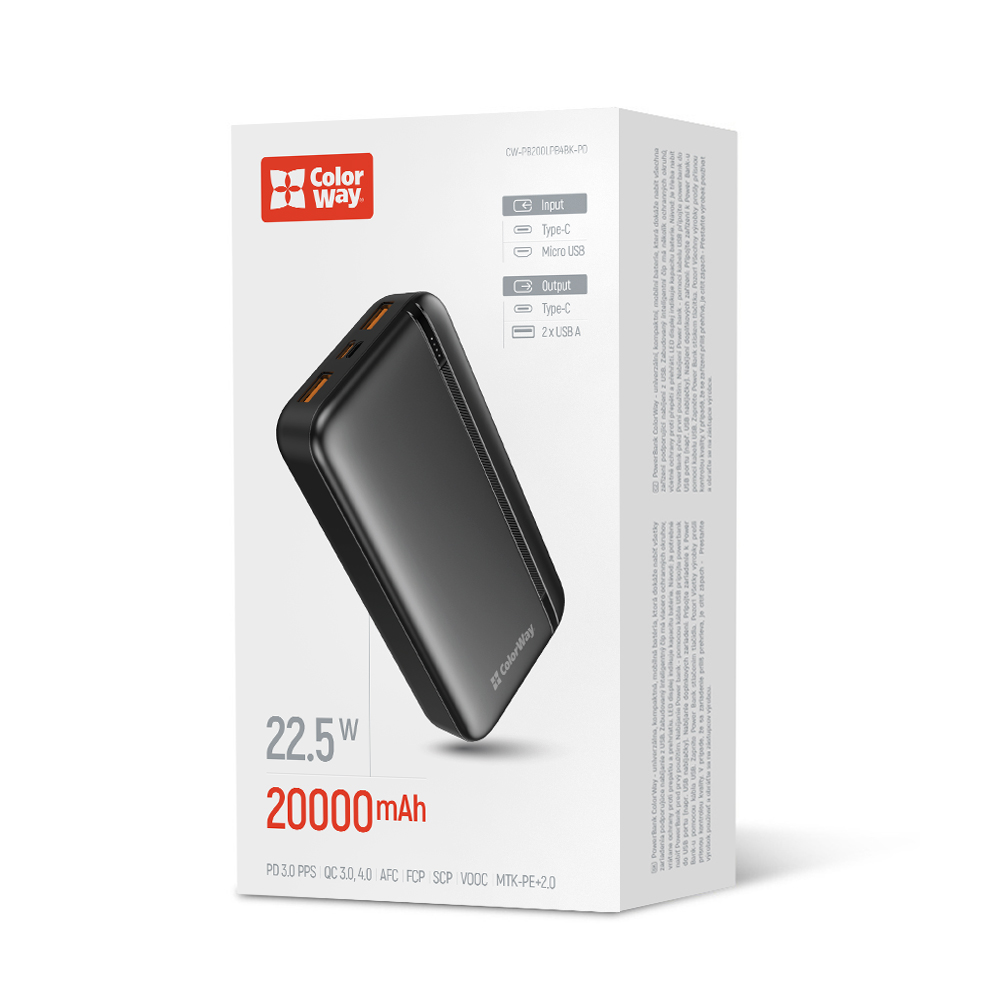 Power Bank ColorWay 20 000 mAh EnergyPlus (USB QC3.0 + USB-C Power Delivery 22.5W) čierny (CW-PB200LPB4BK-PD)
Power Bank ColorWay 20 000 mAh EnergyPlus (USB QC3.0 + USB-C Power Delivery 22.5W) čierny (CW-PB200LPB4BK-PD)