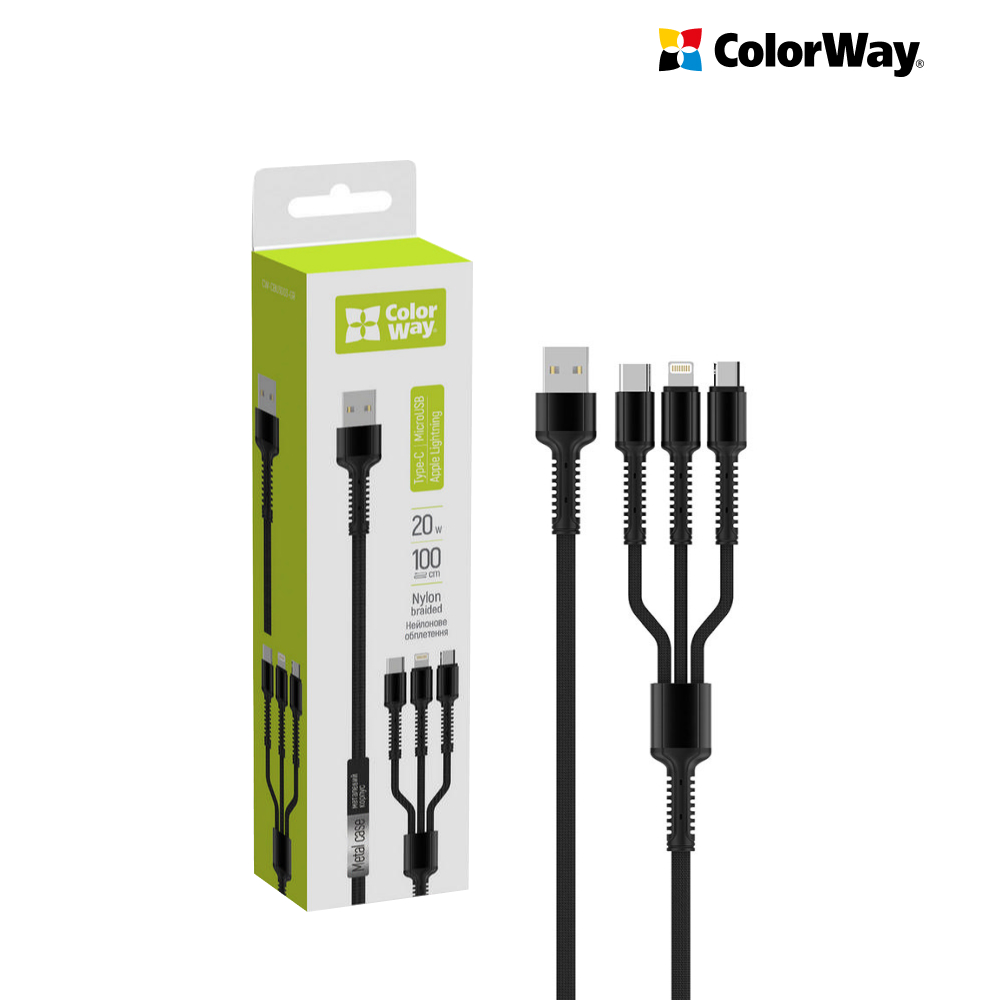 Kábel ColorWay univerzálny 3v1 (Lightning+MicroUSB+Type-C) 4.0A, 20W, 1.2m, grey (CW-CBU3003-GR)
Kábel ColorWay univerzálny 3v1 (Lightning+MicroUSB+Type-C) 4.0A, 20W, 1.2m, grey (CW-CBU3003-GR)