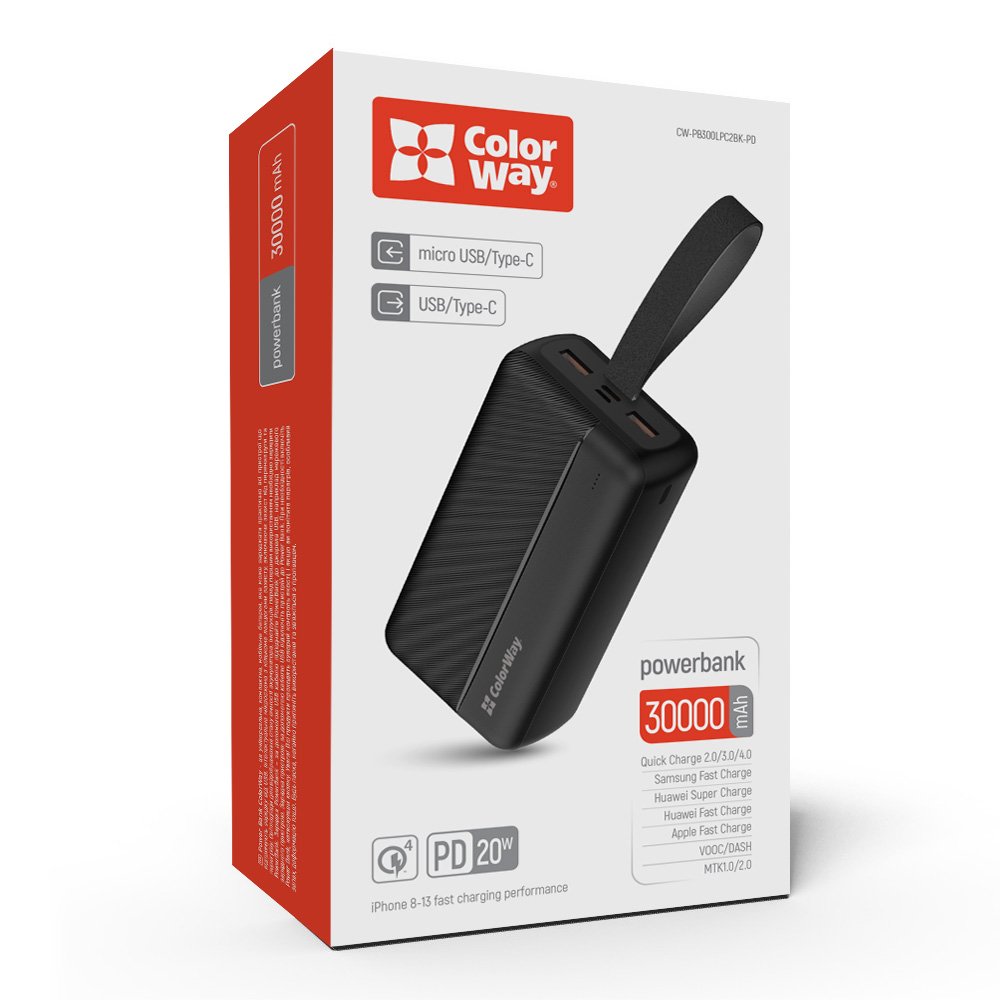 PowerBank ColorWay 30 000 mAh High-power 2 (USB QC3.0 + USB-C Power Delivery 22.5W) Čierna (CW-PB300LPC2BK-PD)
PowerBank ColorWay 30 000 mAh High-power 2 (USB QC3.0 + USB-C Power Delivery 22.5W) Čierna (CW-PB300LPC2BK-PD)