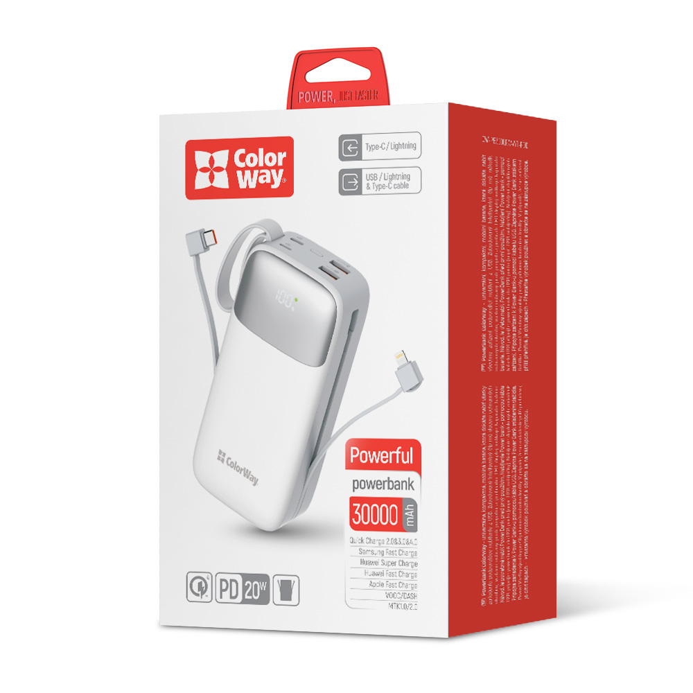 Power Bank ColorWay Bank 30 000 mAh Powerful (USB QC3.0 + USB-C Power Delivery 22.5W), biela (CW-PB300LPA4WT-PDD)
Power Bank ColorWay Bank 30 000 mAh Powerful (USB QC3.0 + USB-C Power Delivery 22.5W), biela (CW-PB300LPA4WT-PDD)