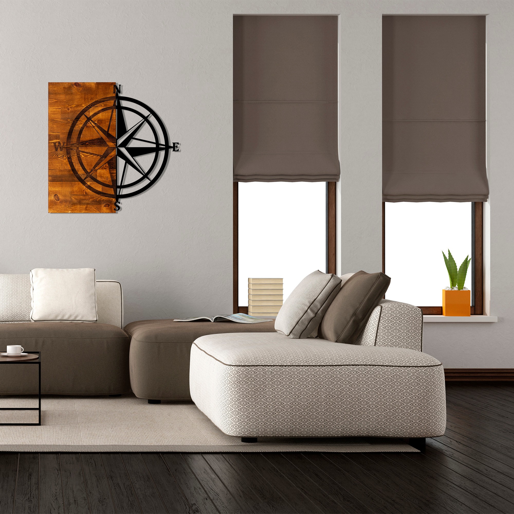 Nástěnná dekorace dřevo SMĚROVÁ RŮŽICE 58 x 58 cm