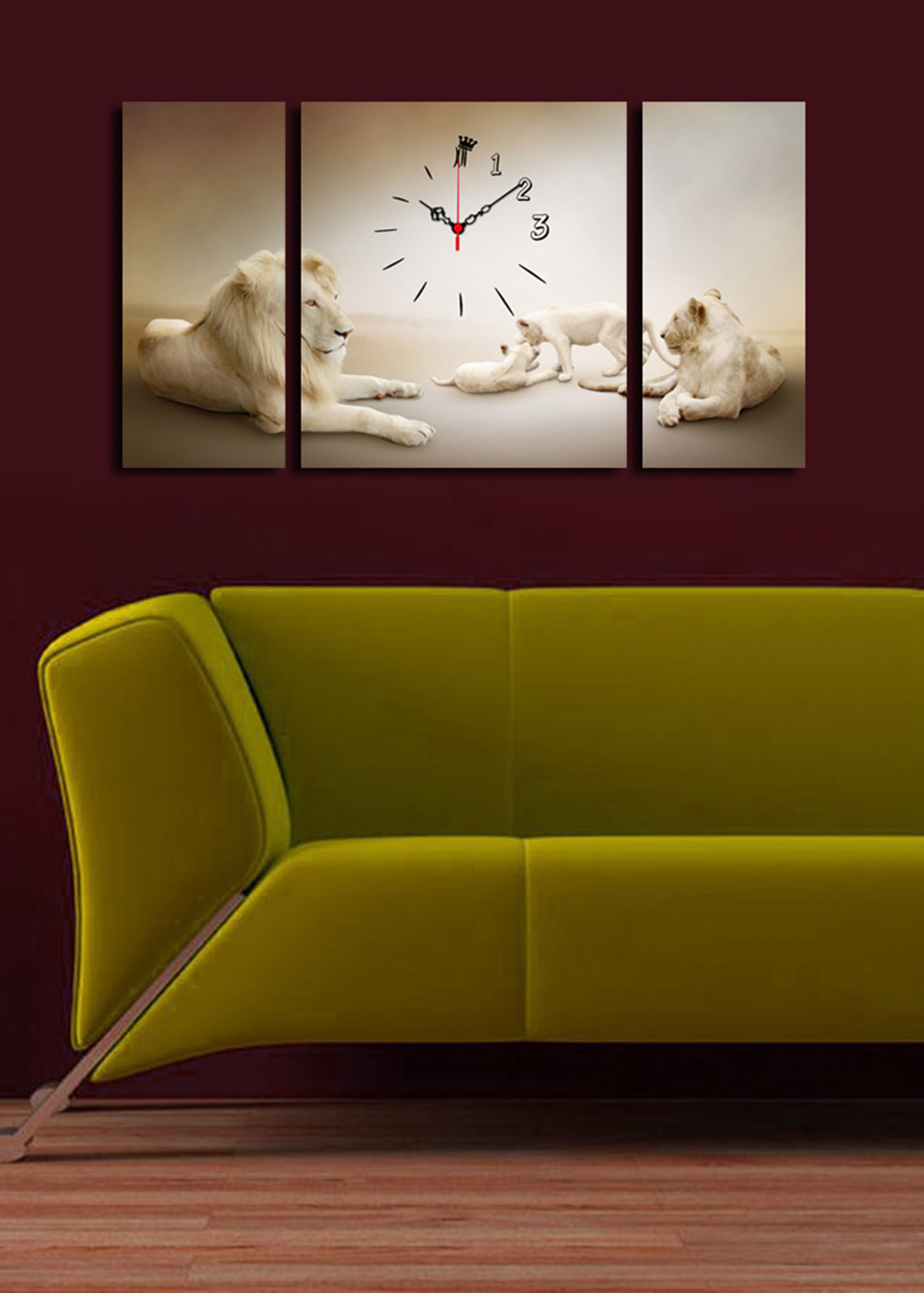 Obraz s hodinami na plátně 3ks LVÍ RODINKA  20 x 45 (2), 40 x 45 cm (1)