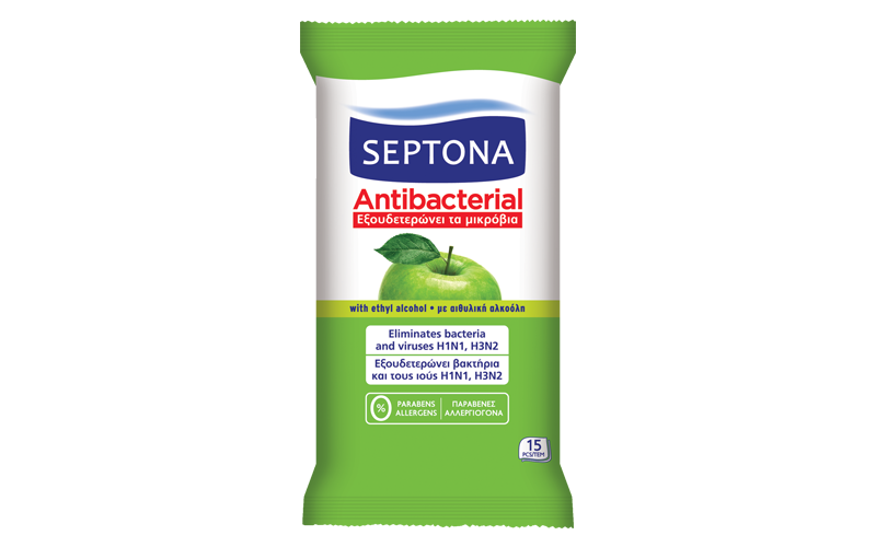 Septona vlhčené obrúsky s antibakteriálnym účinkom s vôňou zeleného jablka 15ks