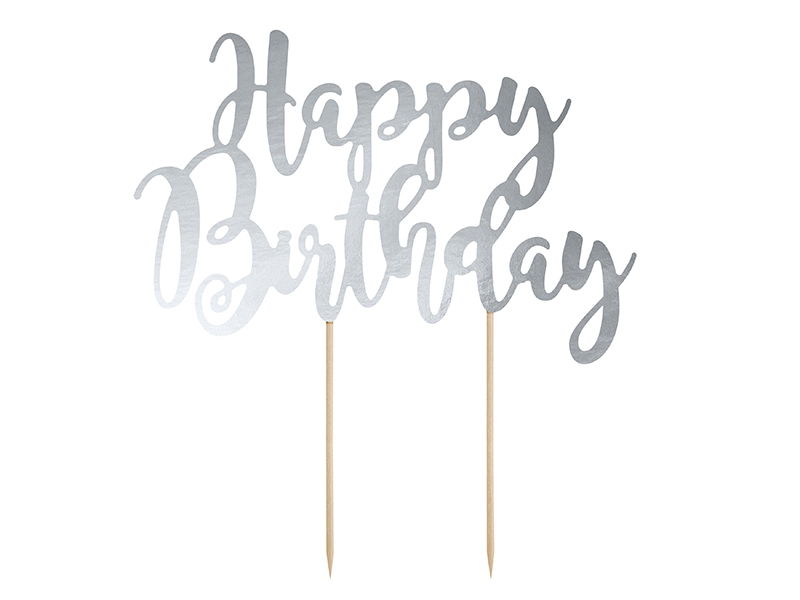 PartyDeco Ozdoba na dort  "Happy Birthday" - stříbrná