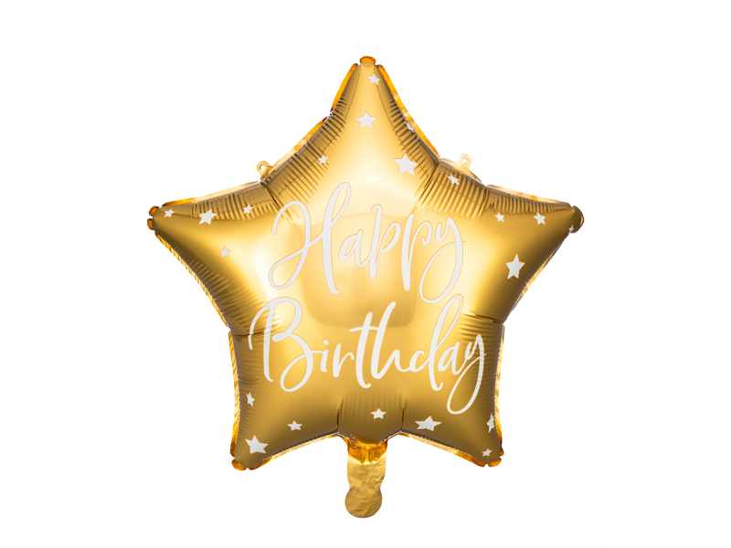 PartyDeco Fóliový balón hvězda - Happy Birthday s hvězdičkami 40 cm