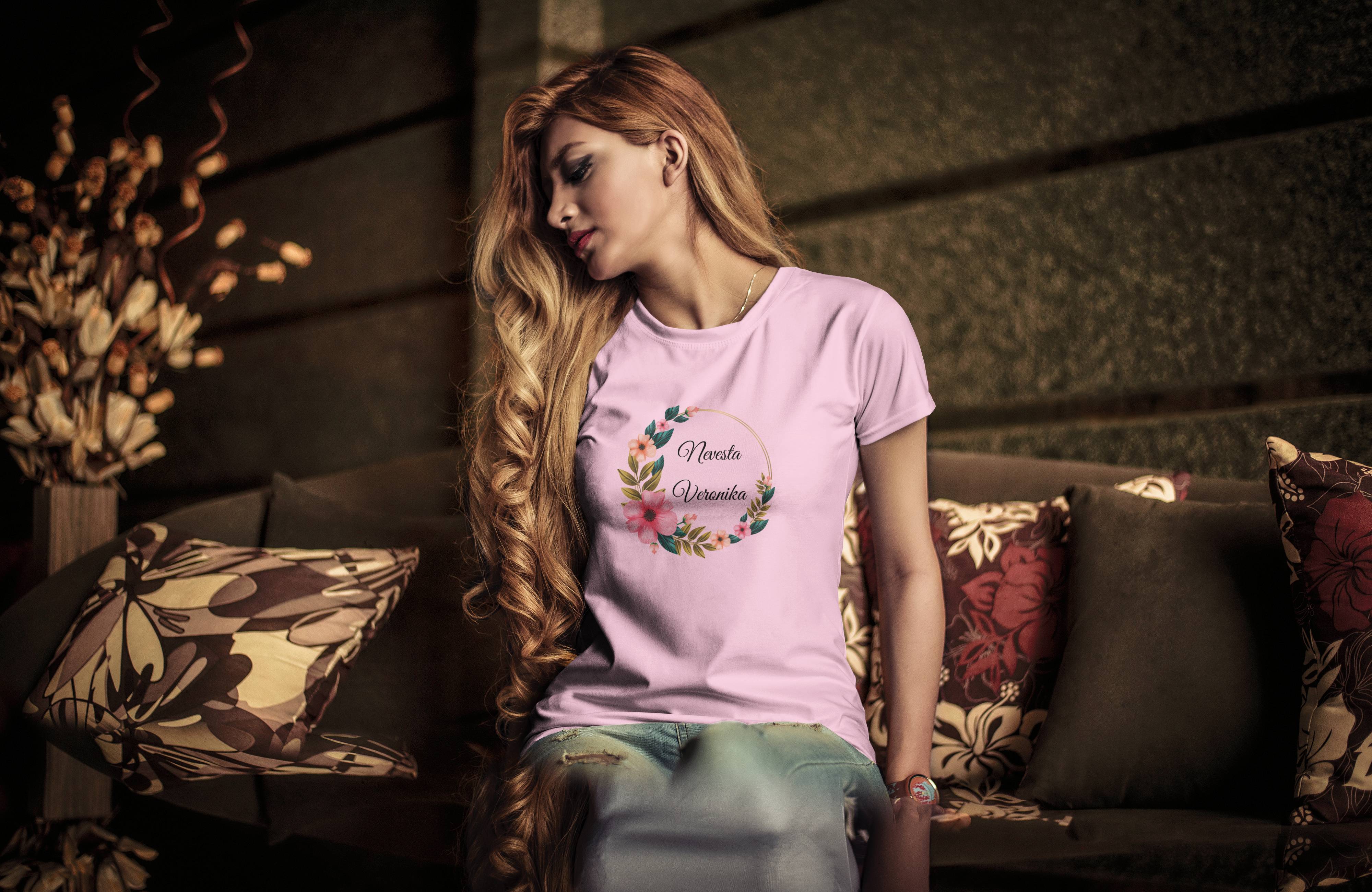 Personal Dámske tričko s vlastným textom - Nevesta kvety Farba: ružová, Veľkosť - dospelý: L