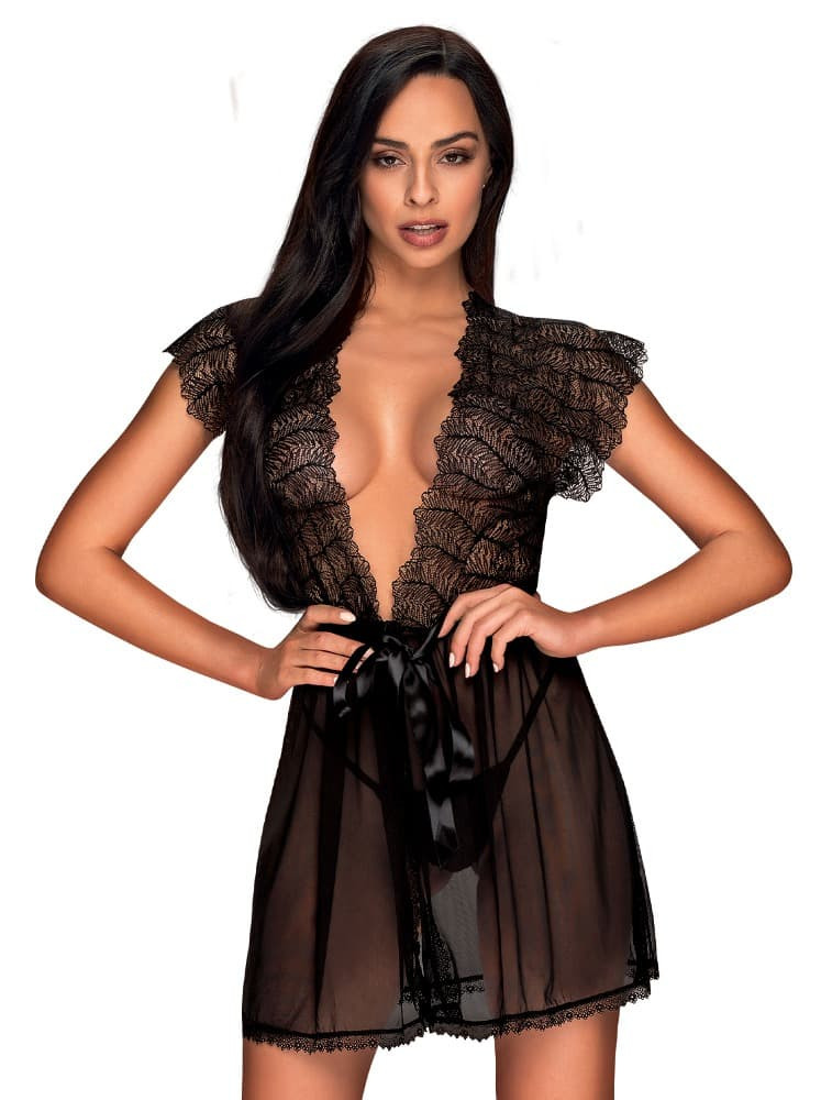 Sexy župan Romanesa peignoir - Obsessive Barva: černá, Velikost: L/XL