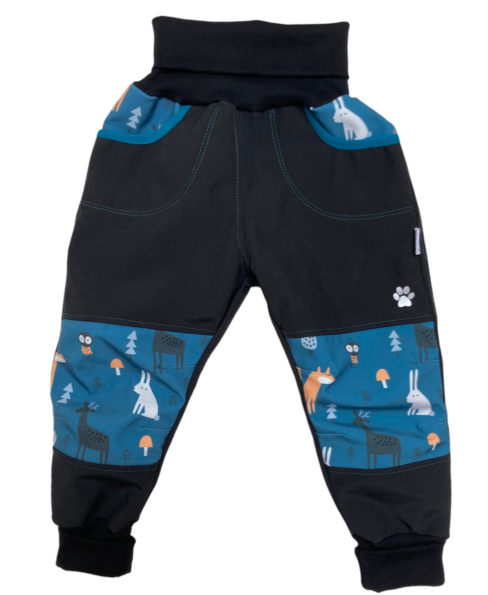 Vyrobeniny Dětské softshellové kalhoty s fleecem - modré se zvířátky Velikost: 122 - 128