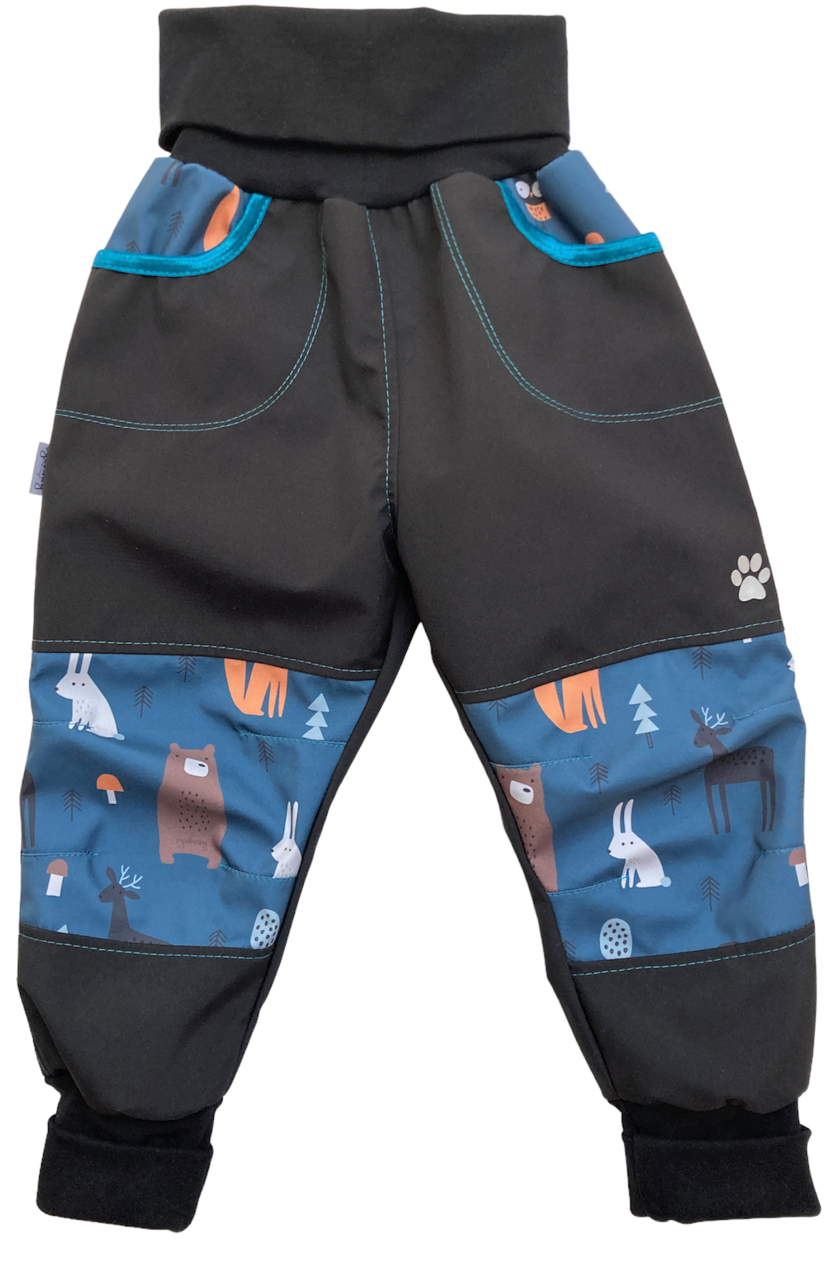 Vyrobeniny Dětské softshellové kalhoty bez zateplení - modré se zvířátky Velikost: 74 - 80