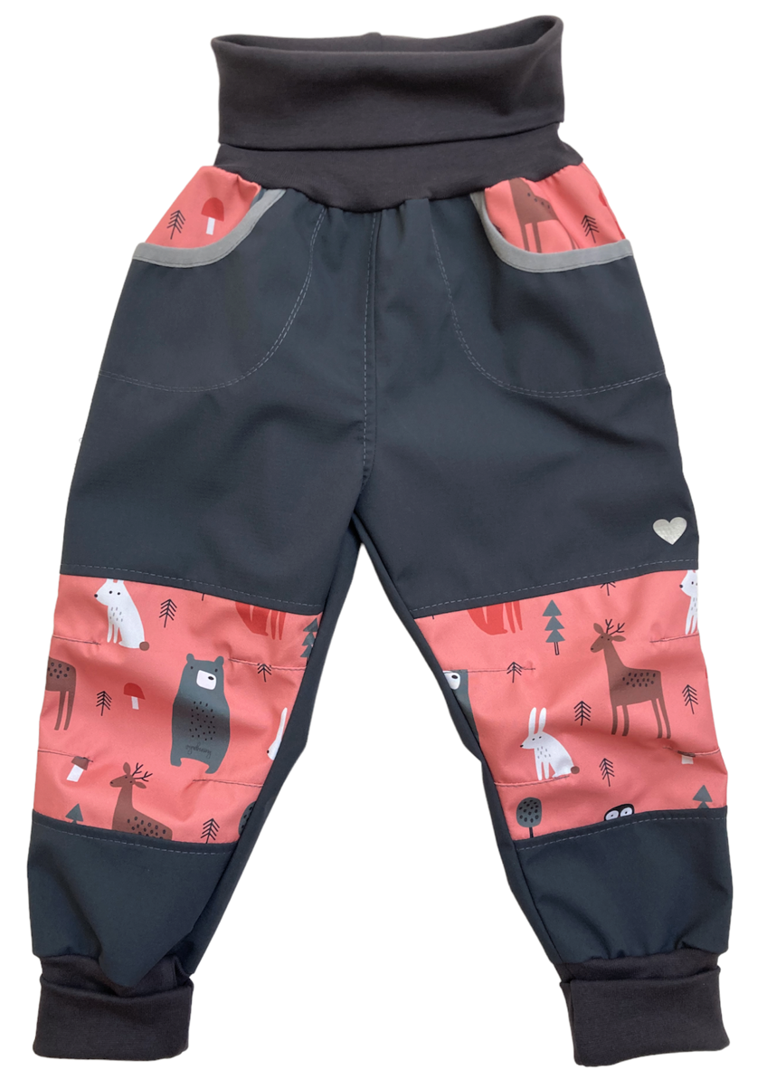 Vyrobeniny Dětské softshellové kalhoty bez zateplení - růžové se zvířátky Velikost: 86 - 92