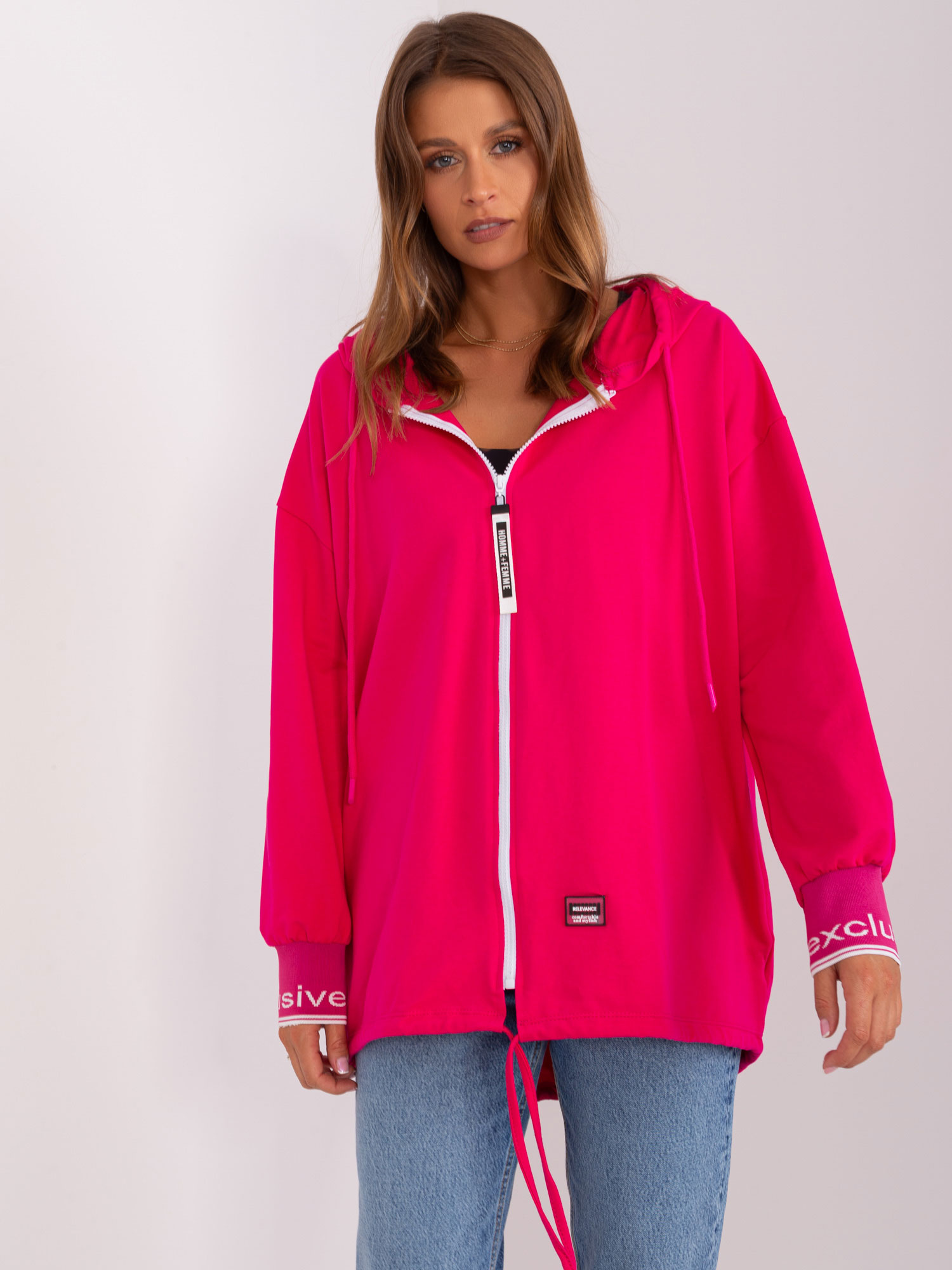 TMAVĚ RŮŽOVÁ ASYMETRICKÁ MIKINA NA ZIP RV-BL-9096.43P-DARK PINK Velikost: L/XL