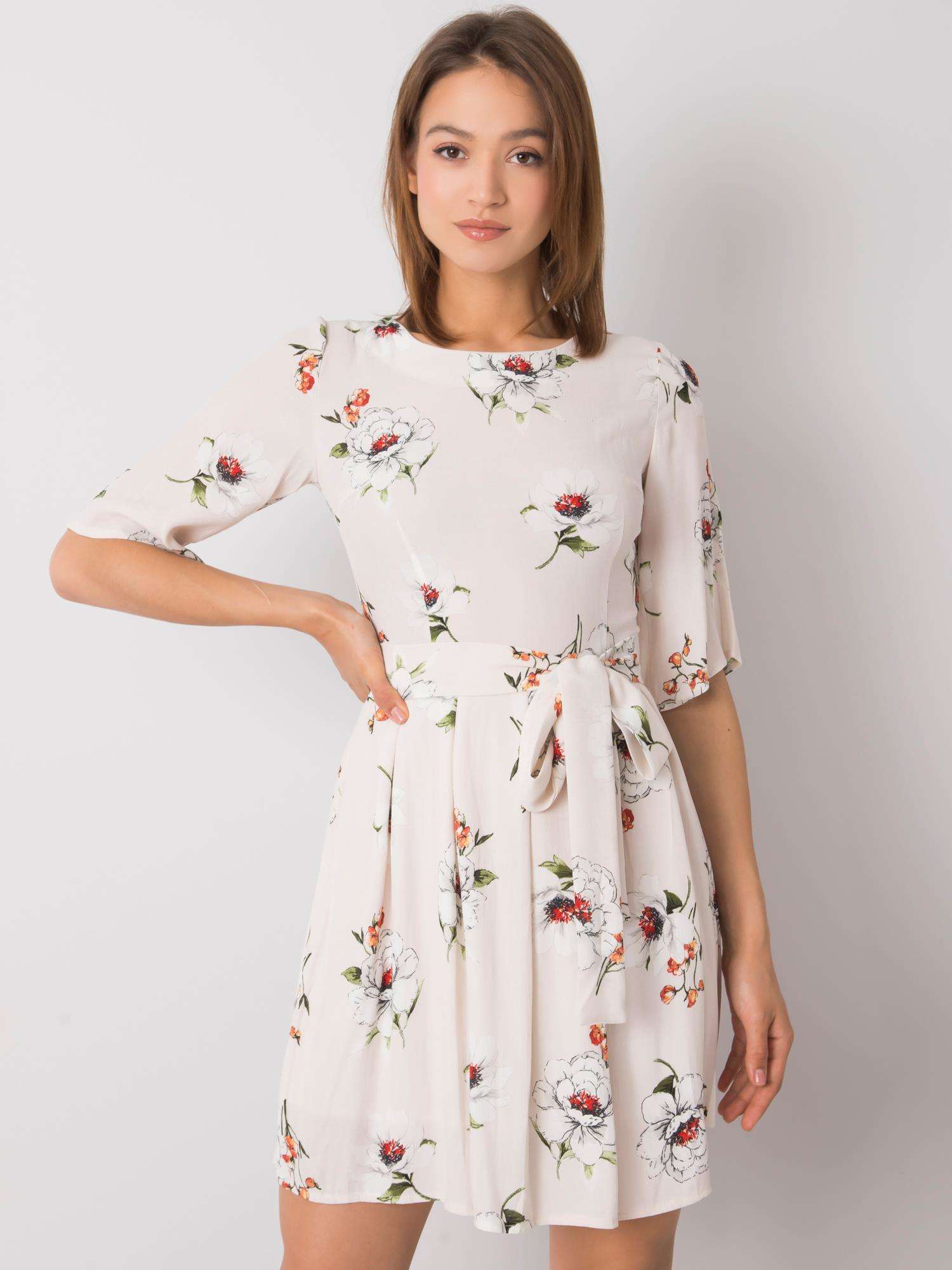 Béžové dámské šaty se vzorem květin LK-SK-507547.16P-beige Velikost: 44