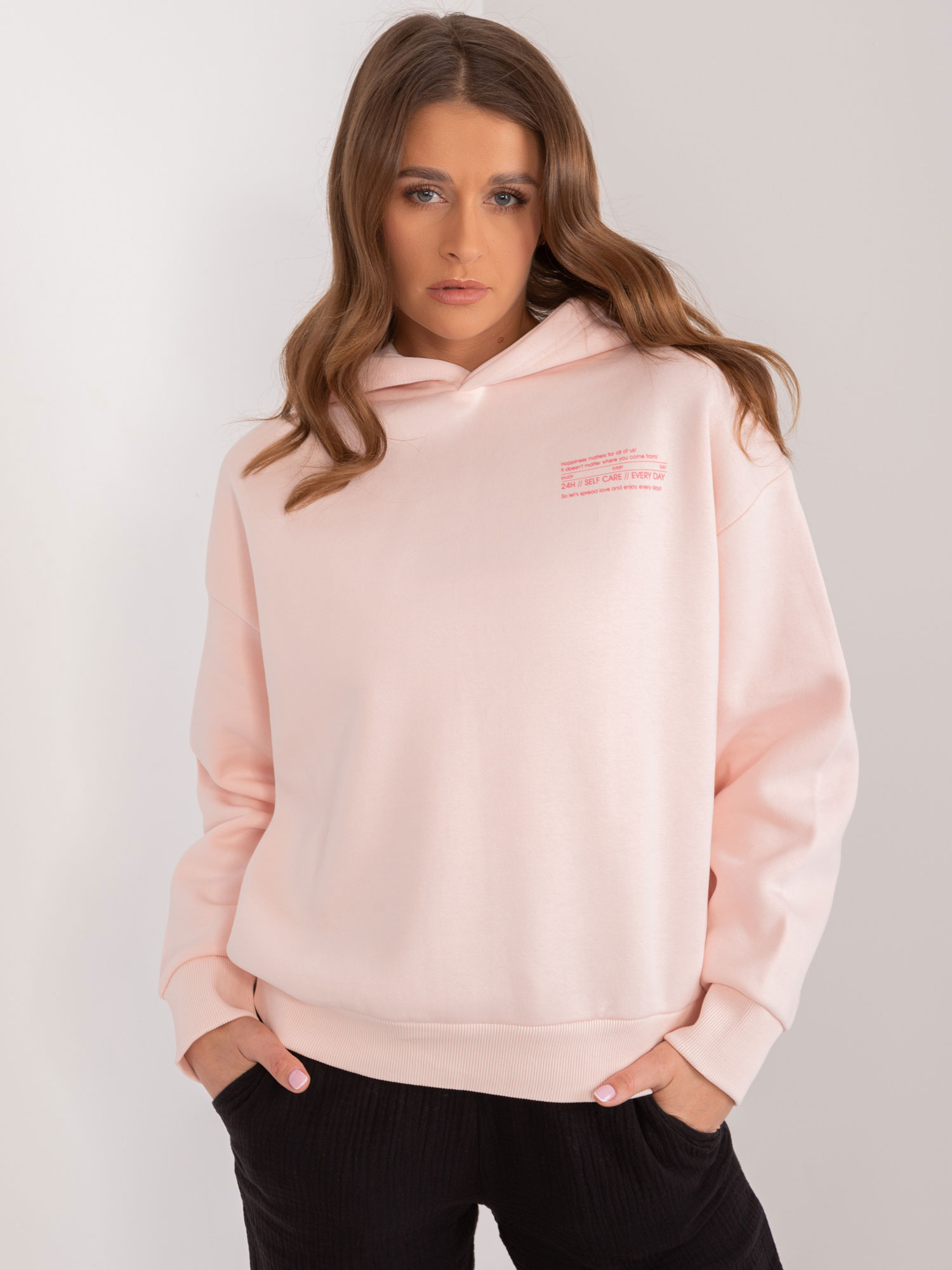 SVĚTLE RŮŽOVÁ MIKINA S KAPUCÍ D10608BC02450C3-LIGHT PINK Velikost: M