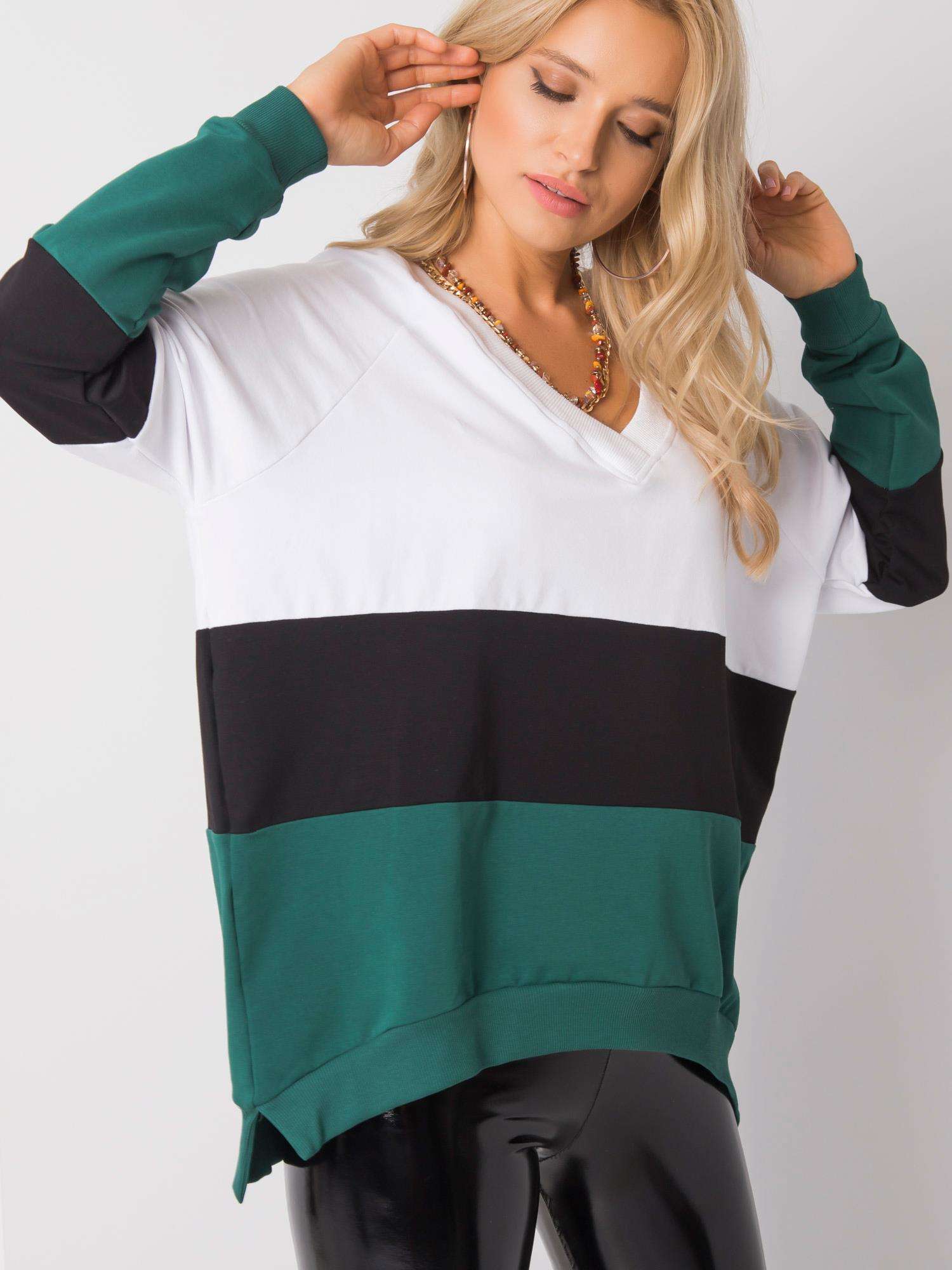 DÁMSKÁ BÍLO-ČERNO-ZELENÁ MIKINA S VÝSTŘIHEM DO V RV-BL-5972.07-WHITE-BLACK-GREEN Velikost: S/M