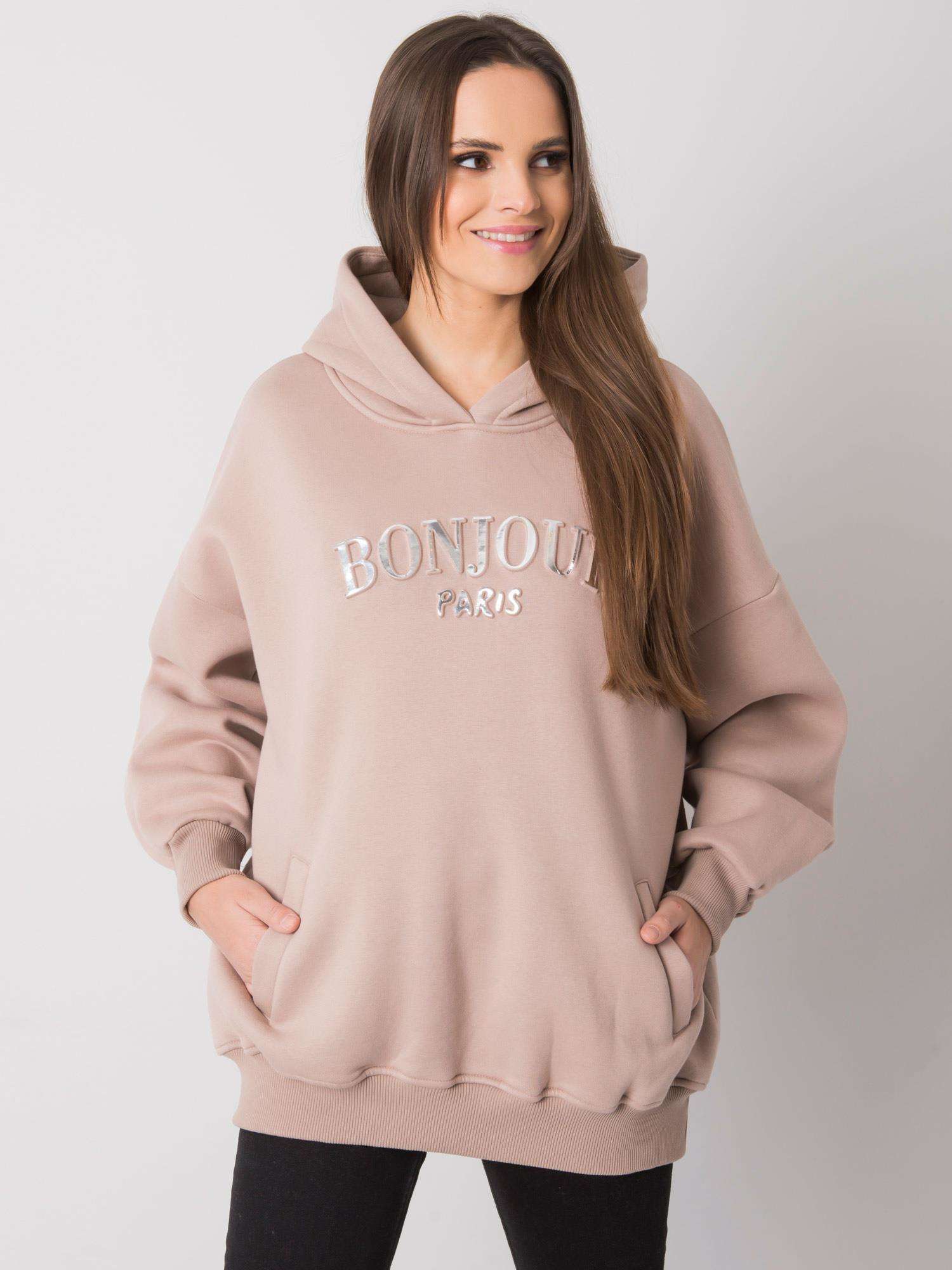 BÉŽOVÁ DÁMSKÁ OVERSIZE MIKINA S KAPUCÍ RV-BL-7357.35X-BEIGE Velikost: S/M