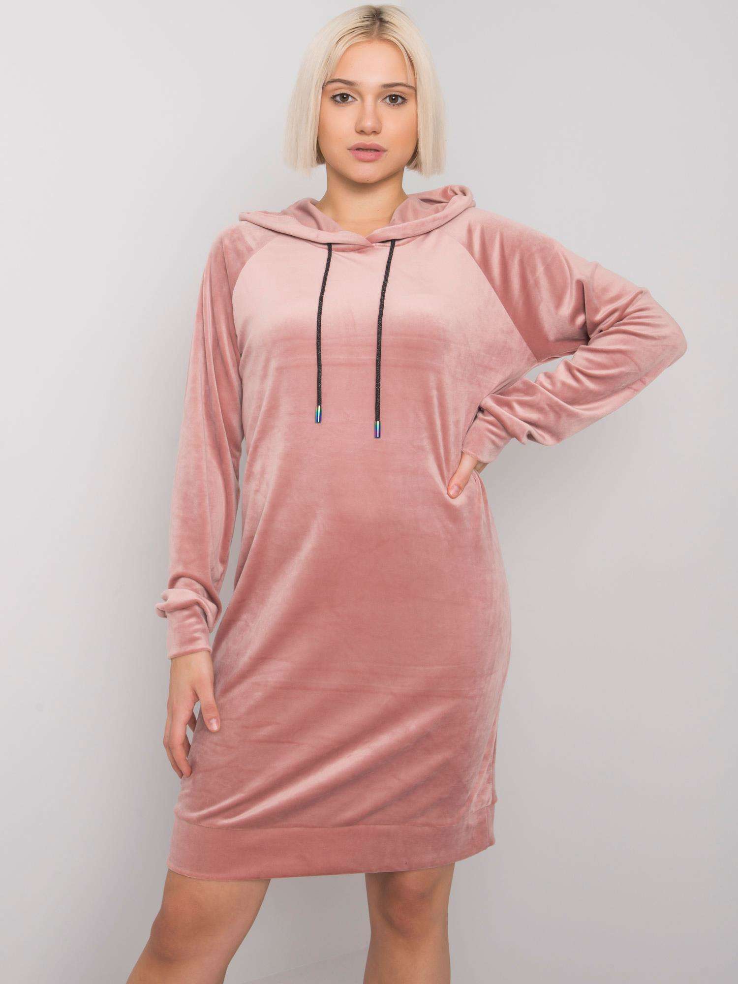 SVĚTLE RŮŽOVÉ  VELUROVÉ MIKINOVÉ ŠATY MESSINA FA-SK-7495.17P-LIGHT PINK Velikost: ONE SIZE