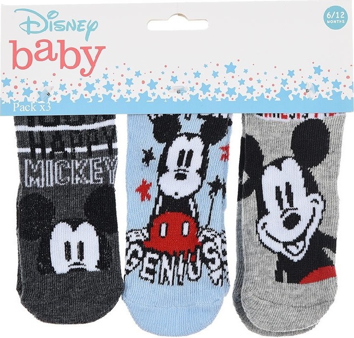 SET TŘÍ PÁRŮ PONOŽEK MICKEY MOUSE - TMAVĚ ŠEDÁ/MODRÁ/SVĚTLE ŠEDÁ Velikost: 50/68