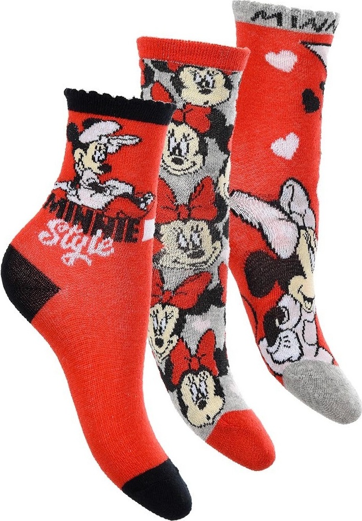 TROJBALENÍ DÍVČÍCH PONOŽEK MINNIE MOUSE - ČERVENÁ/ŠEDÁ/ČERVENÁ Velikost: 31/34