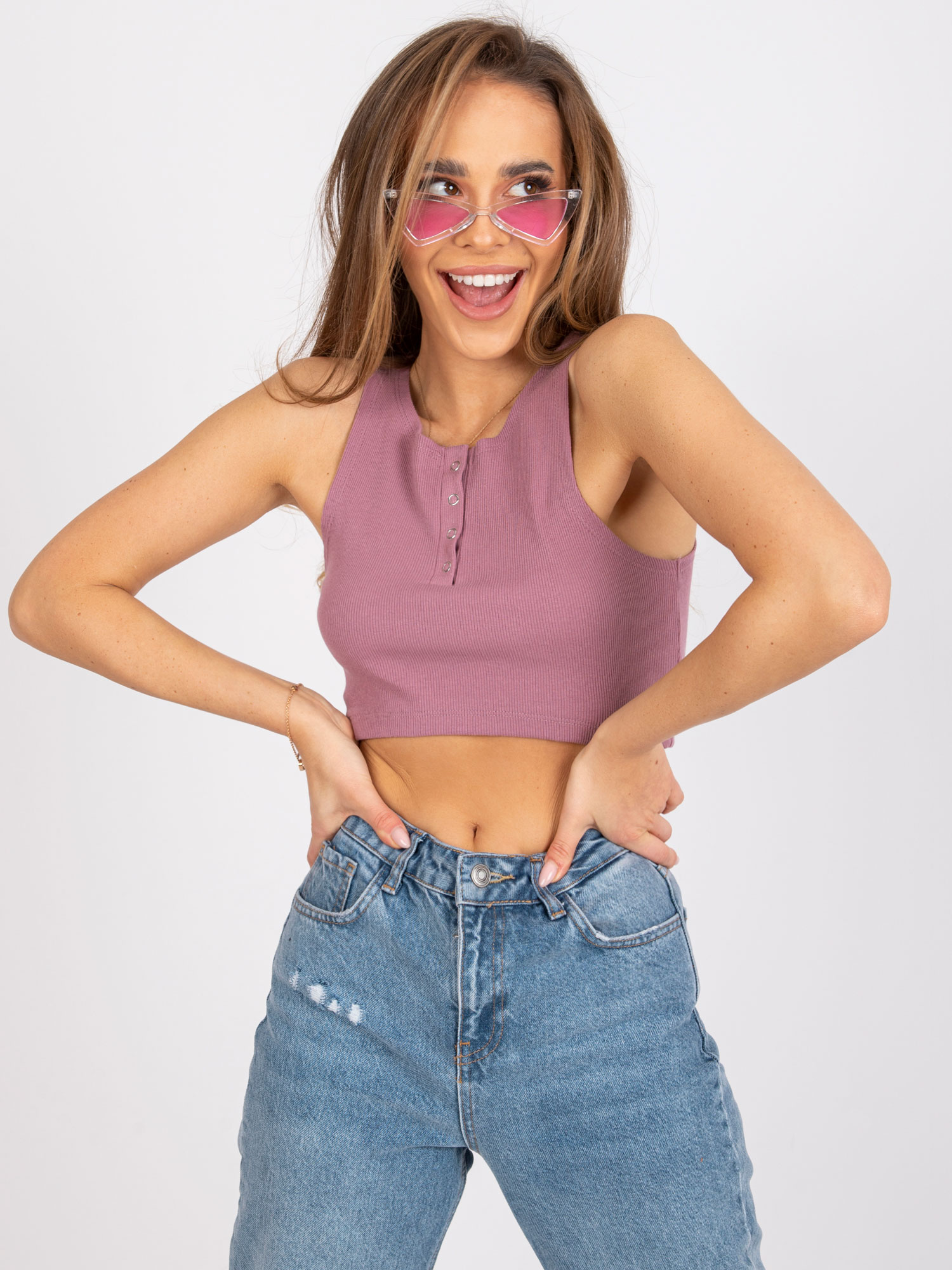 PUDROVÝ CROP TOP S KNOFLÍČKY RILEY -RV-TP-7528.11X-POWDER PINK Velikost: XS