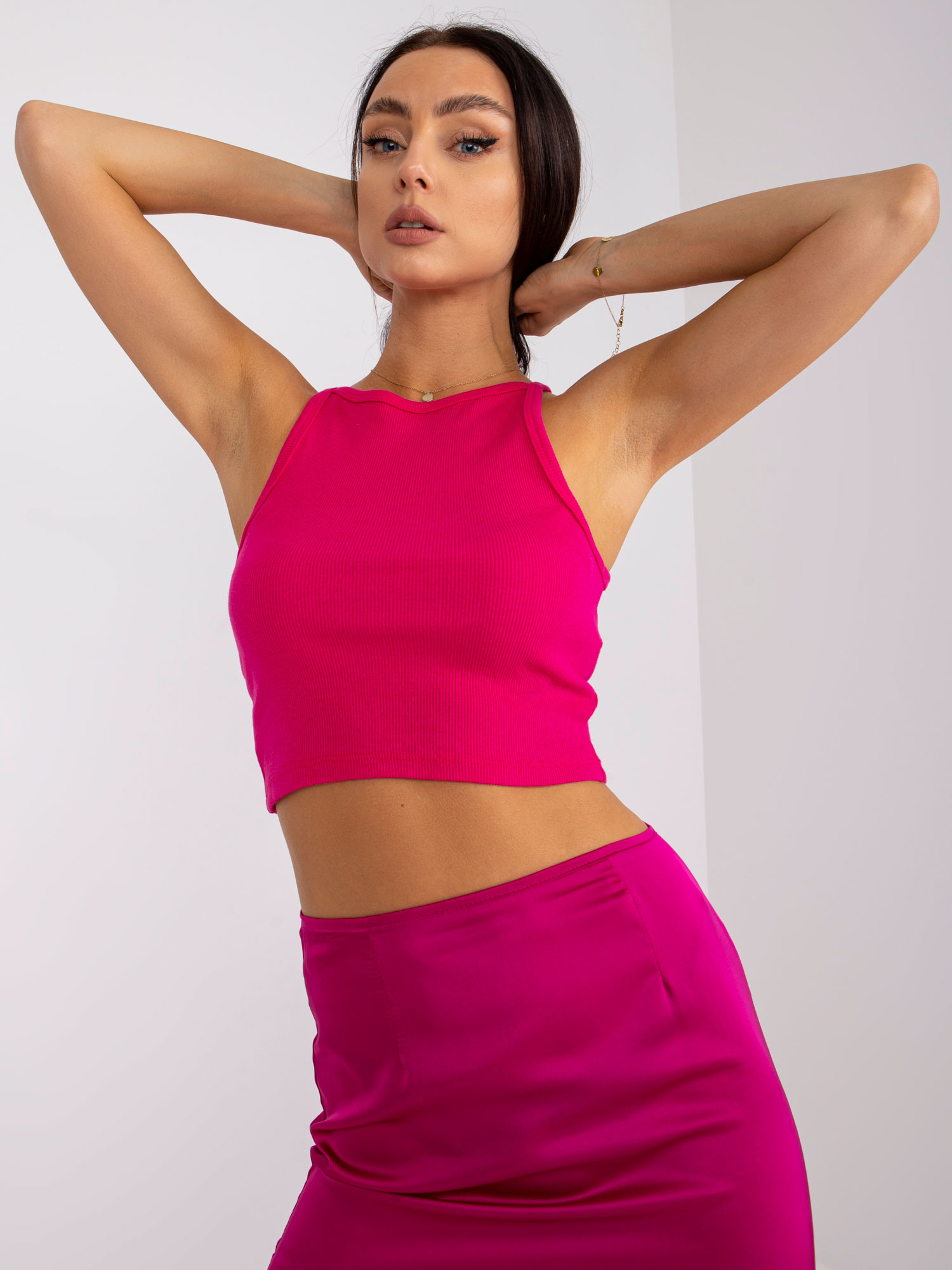 FUCHSIOVÝ ŽEBROVANÝ CROP TOP MARGO -RV-TP-7685.74-FUCHSIA PINK Velikost: S