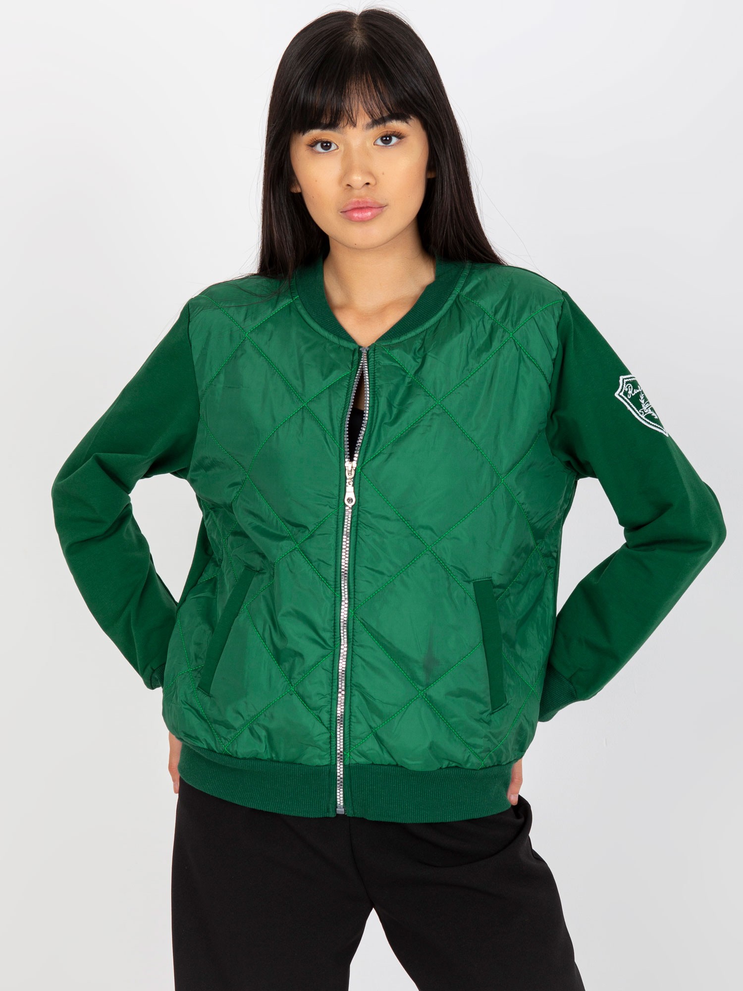 TMAVĚ ZELENÁ PROŠÍVANÁ BOMBER MIKINA RV-BL-8225.88-DARK GREEN Velikost: L/XL