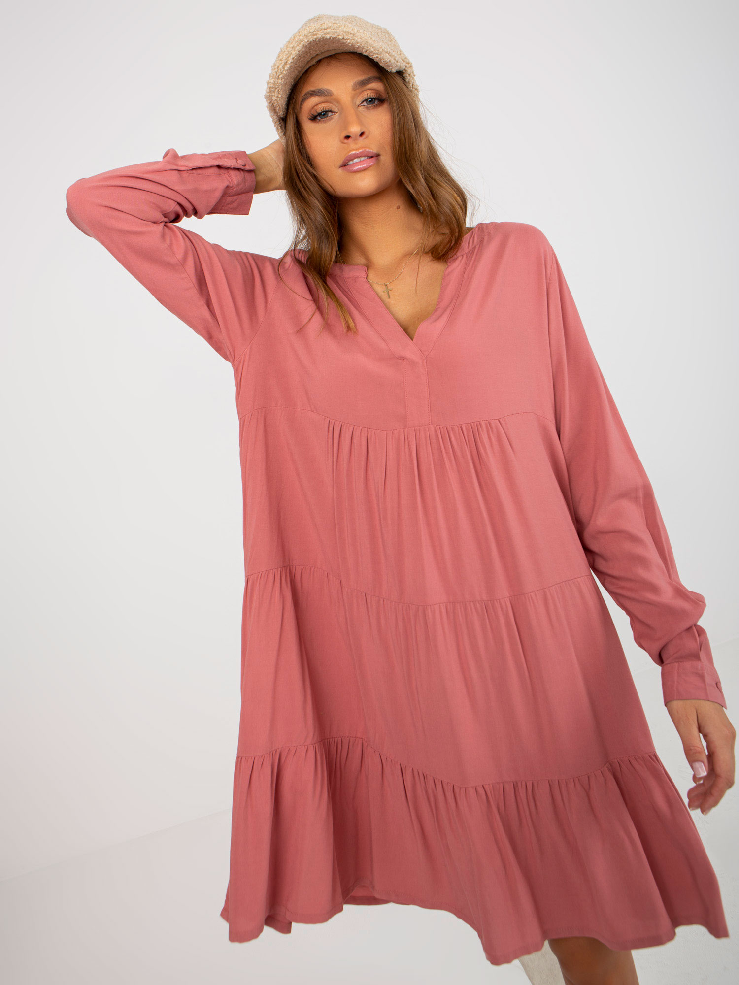 RŮŽOVÉ VOLNÉ ŠATY S VÝSTŘIHEM D73761M30361A-DARK PINK Velikost: XL