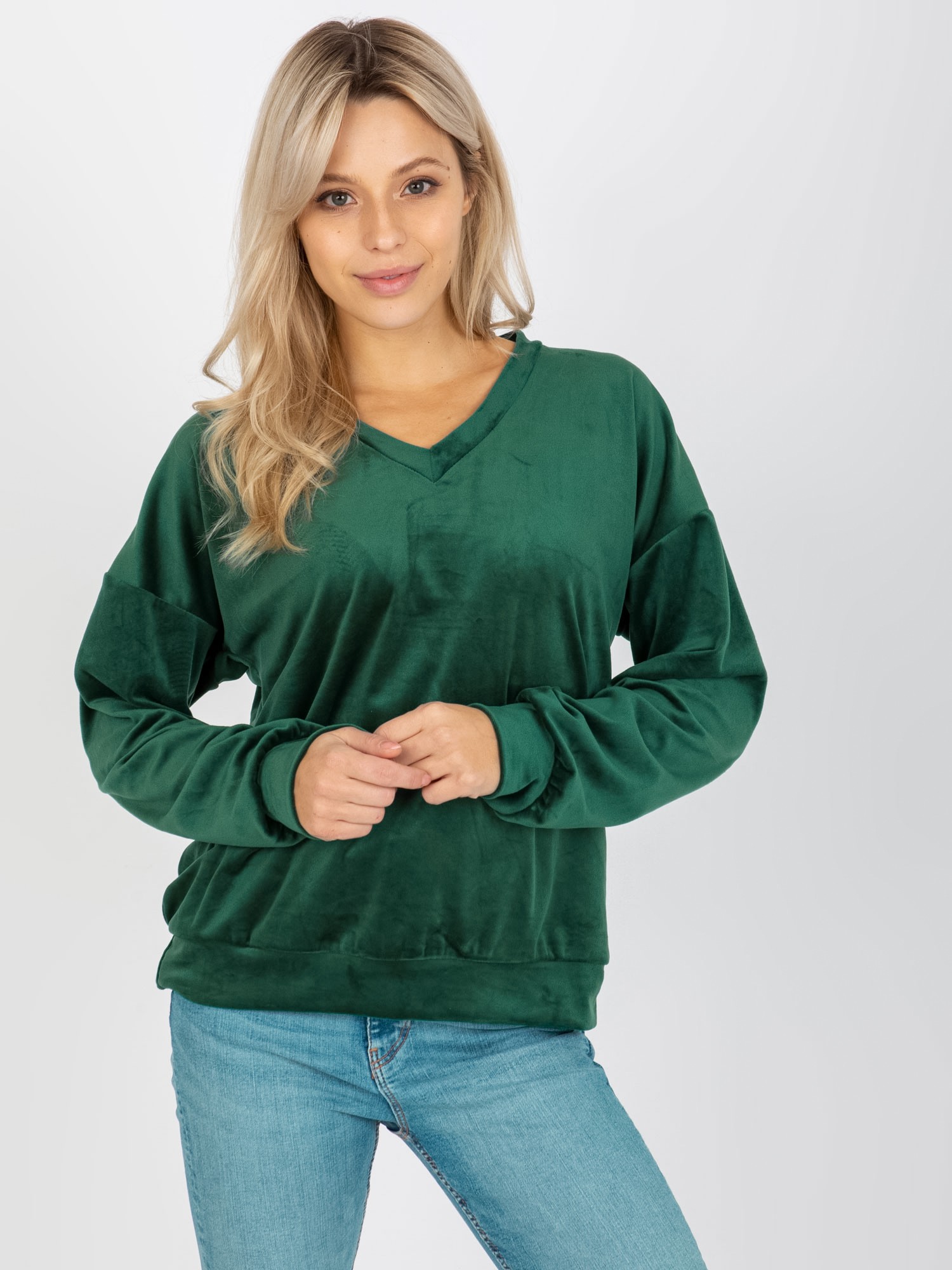 TMAVĚ ZELENÁ VOLNÁ VELUROVÁ MIKINA -RP-BZ-8188.06X-DARK GREEN Velikost: S/M