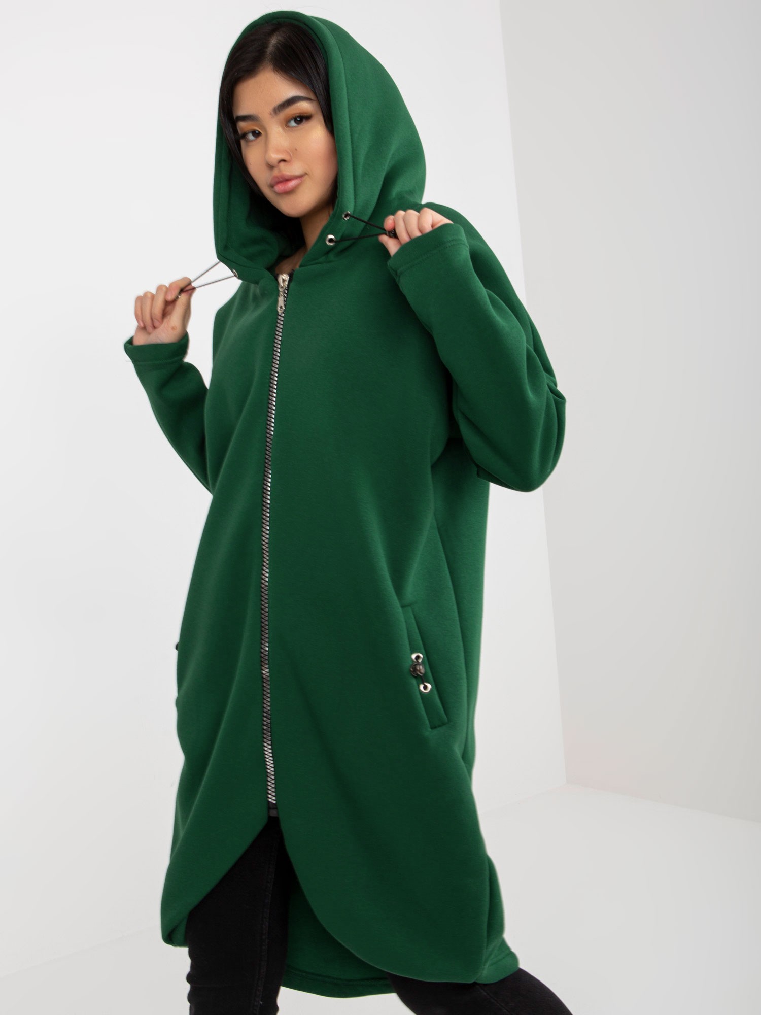 TMAVĚ ZELENÁ DLOUHÁ MIKINA NA ZIP -RV-BL-4858-1.99P-DARK GREEN Velikost: L/XL