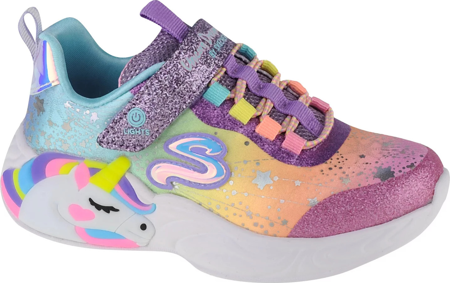 BAREVNÉ DÍVČÍ SVÍTÍCÍ TENISKY SKECHERS S-LIGHTS UNICORN DREAMS 302311L-PRMT Velikost: 34