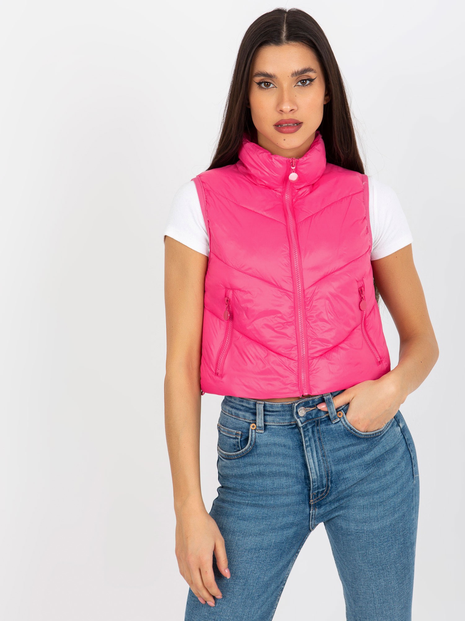 TMAVĚ RŮŽOVÁ KRÁTKÁ PROŠÍVANÁ VESTA NM-KZ-H-908.46P-DARK PINK Velikost: XL