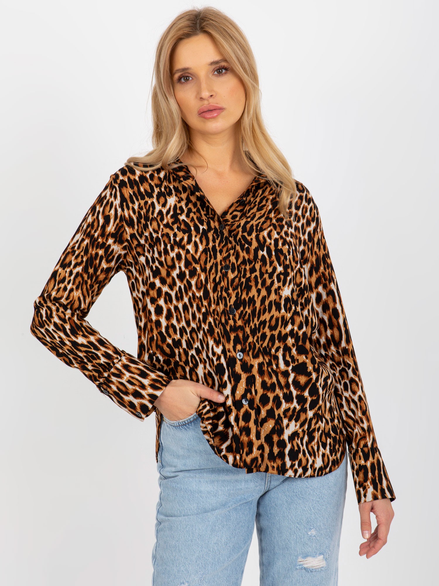 DÁMSKÁ KOŠILE S DLOUHÝM RUKÁVEM S LEOPARDÍM VZOREM -LK-KS-509189.41P-SVĚTLE HNĚDÁ Velikost: L/XL