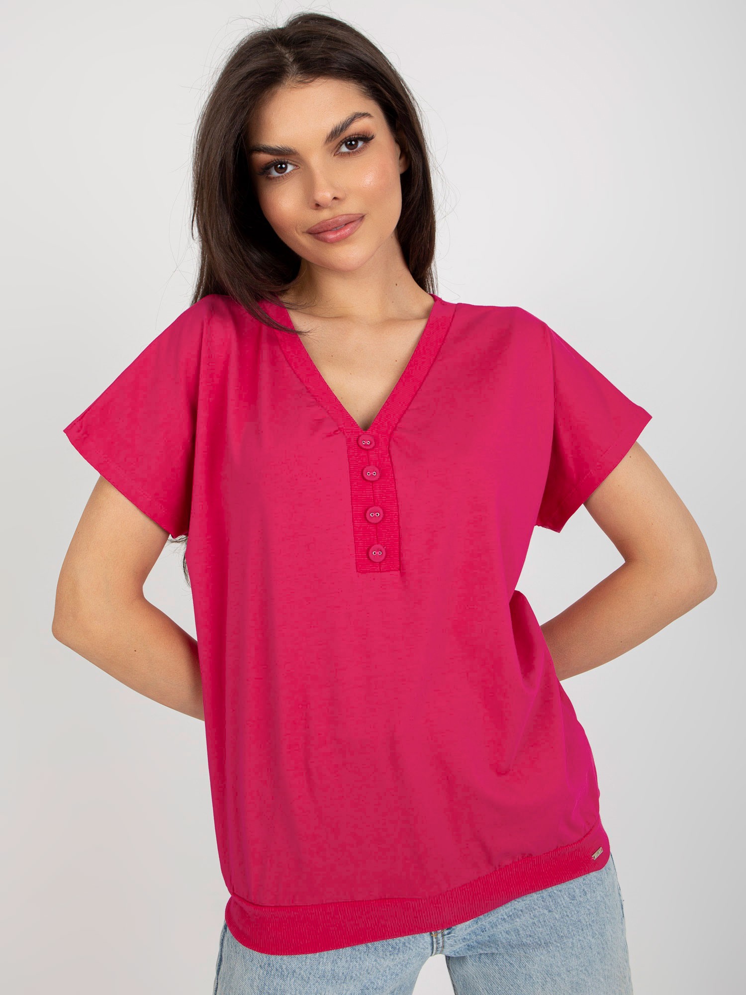 TMAVĚ RŮŽOVÉ TRIKO S VÝSTŘIHEM RV-BZ-8827.95-DARK PINK Velikost: L/XL