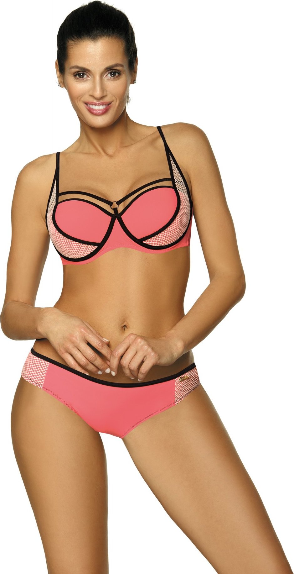 KORÁLOVÉ BIKINY S ČERNÝMI LEMY CHARLOTTE CORAL M-495 (8) Velikost: 2XL