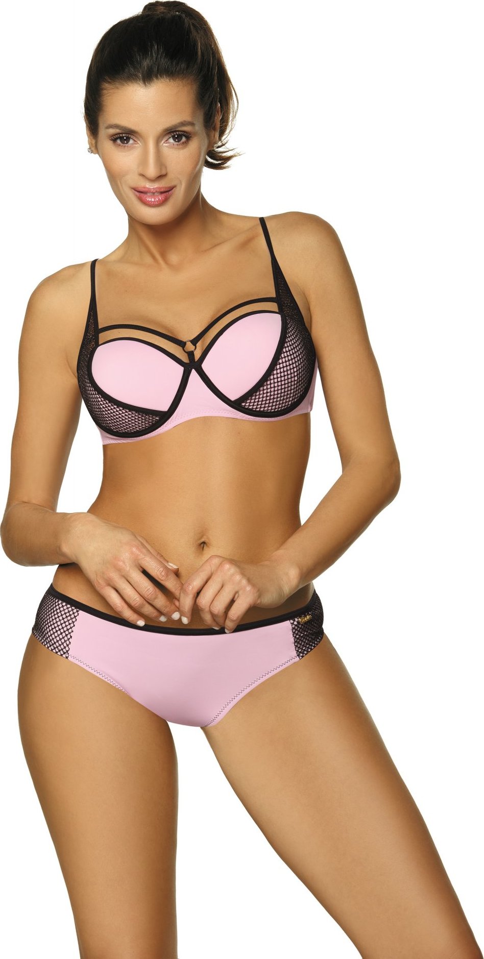 SVĚTLE RŮŽOVÉ BIKINY S ČERNÝMI LEMY CHARLOTTE PINK M-495 (3) Velikost: M