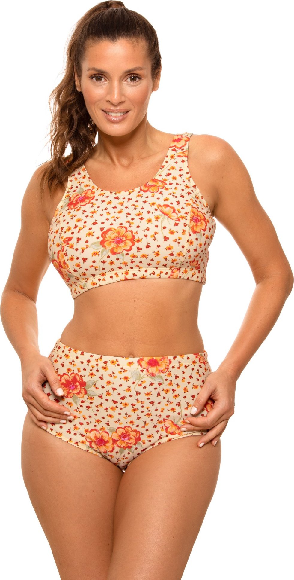 BÉŽOVÉ BIKINY S ORANŽOVÝMI KVĚTINAMI ASANI M-723 (5) Velikost: 42