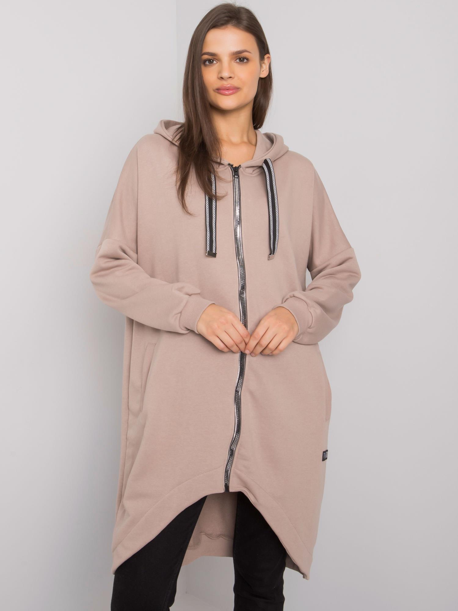 ŠEDO-BÉŽOVÁ DLHÁ MIKINA NA ZIPS JASSALINA S KAPUCŇOU RV-BL-7242.13P-GREY/BEIGE Veľkosť: S/M