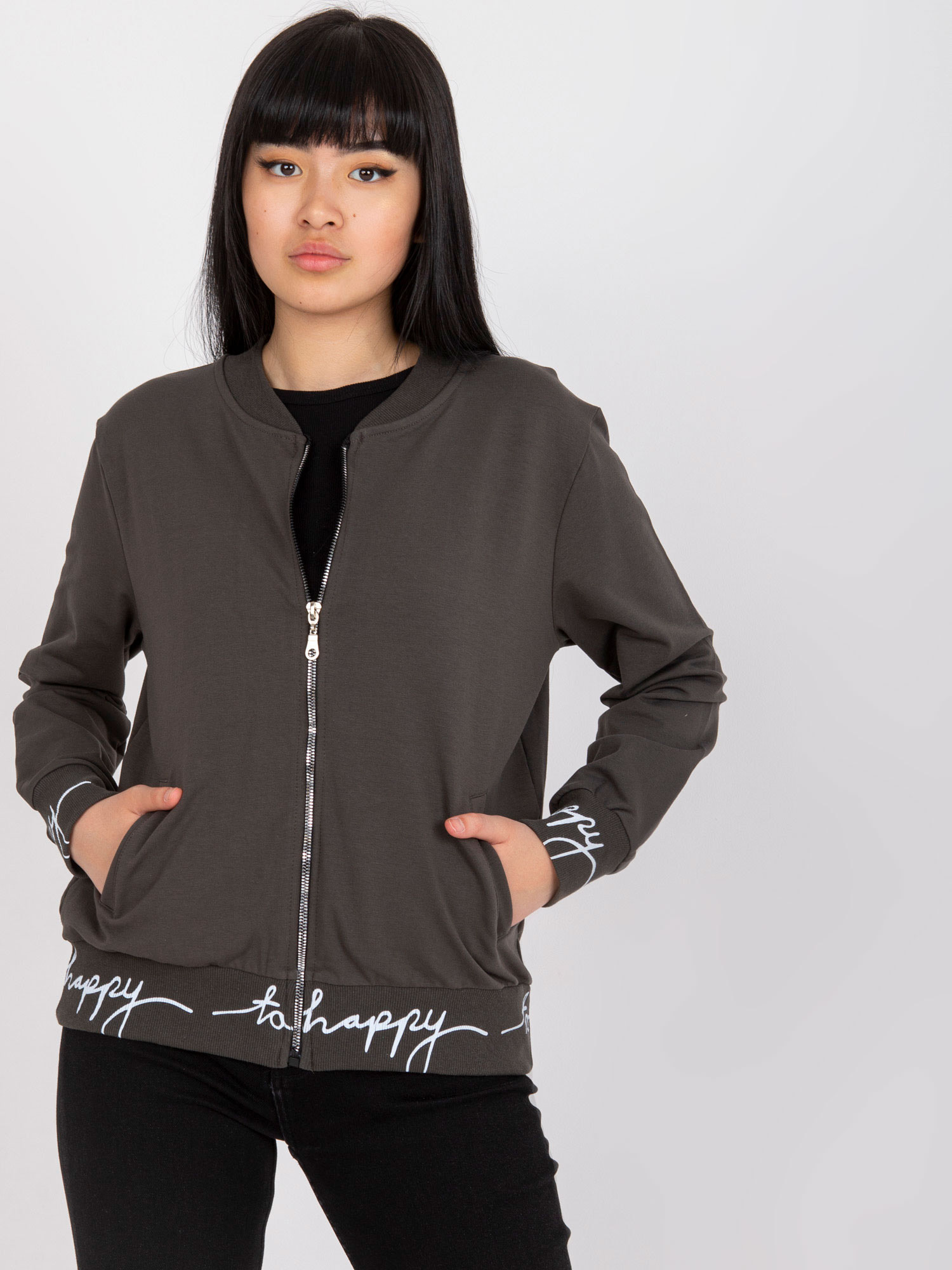 KHAKI MIKINA BOMBER V ŠTÝLE "HAPPY" -RV-BL-7809.37X-KHAKI Veľkosť: L/XL