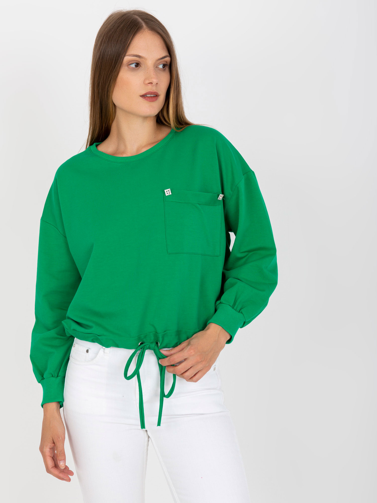 ZELENÁ MIKINA S VIAZANÍM V PÁSE RV-BL-8066.32P-GREEN Veľkosť: S/M