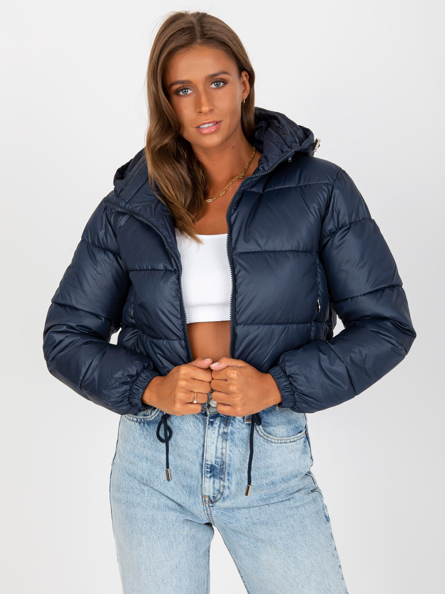 TMAVOMODRÁ SKRÁTENÁ PREŠÍVANÁ CROP BUNDA NM-KR-P22-6630-99.64P-DARK BLUE Veľkosť: XL