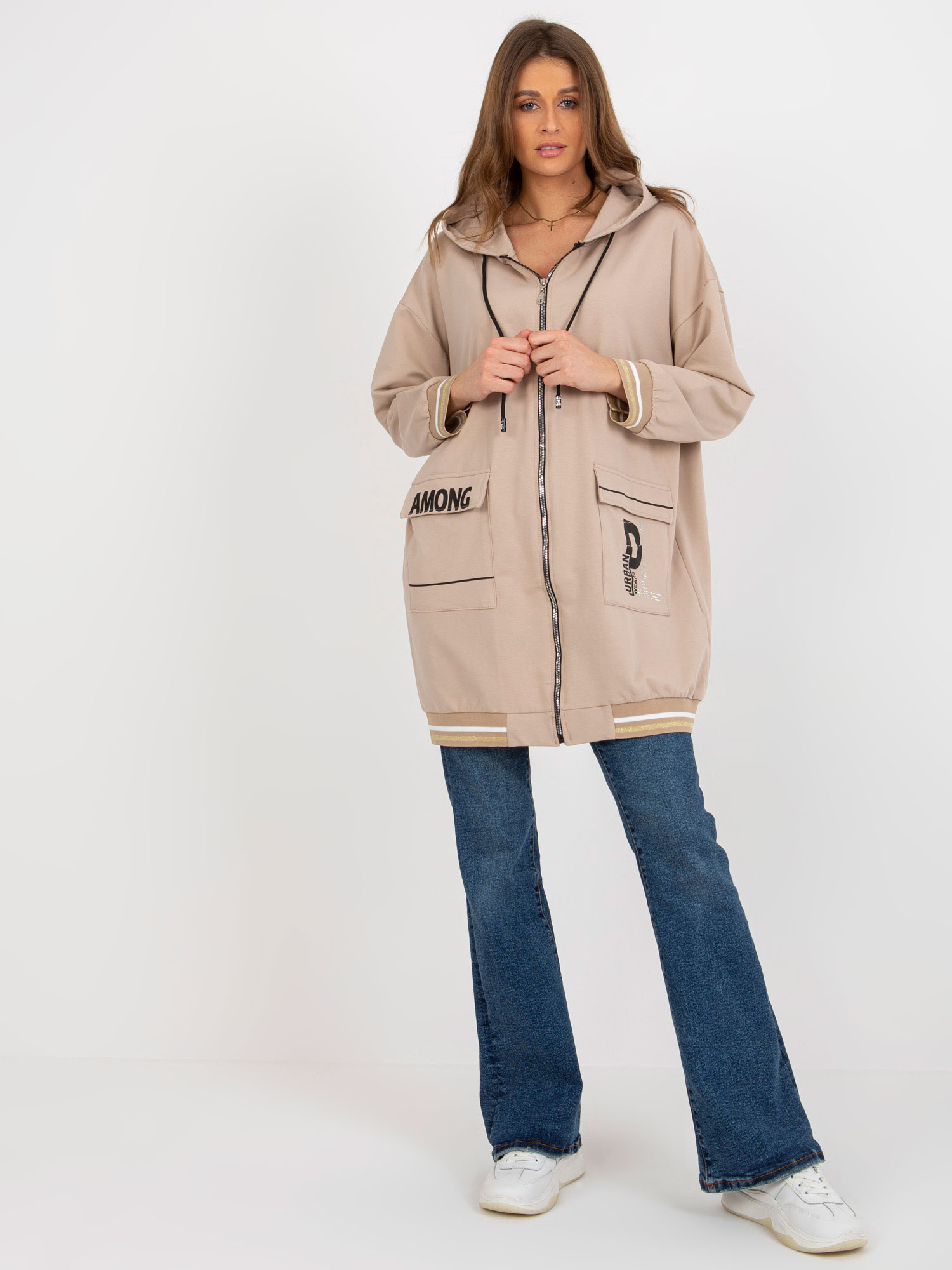 BÉŽOVÁ OVERSIZE MIKINA S VRECKAMI RV-BL-8149.91P-BEIGE Veľkosť: S/M