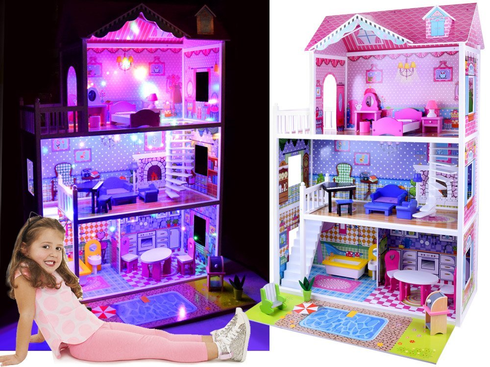 mamido Drevený domček pre bábiky XXL + LED svetlá
