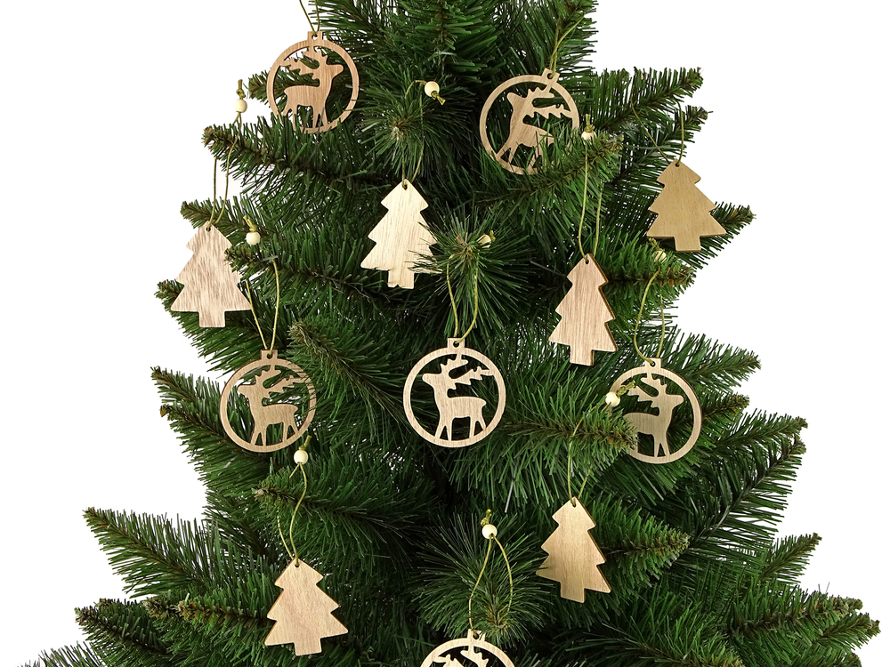 mamido Vianočné vianočné gule drevené vianočné stromčeky sob vianočný stromček dekorácie 12 kusov