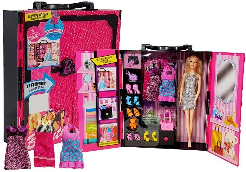 mamido Módny šatník pre bábiky v kufríku ružový