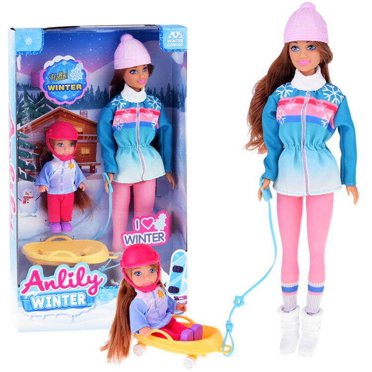 mamido Anlily bábika 30 cm a bábika 12 cm na saniach zimné športy