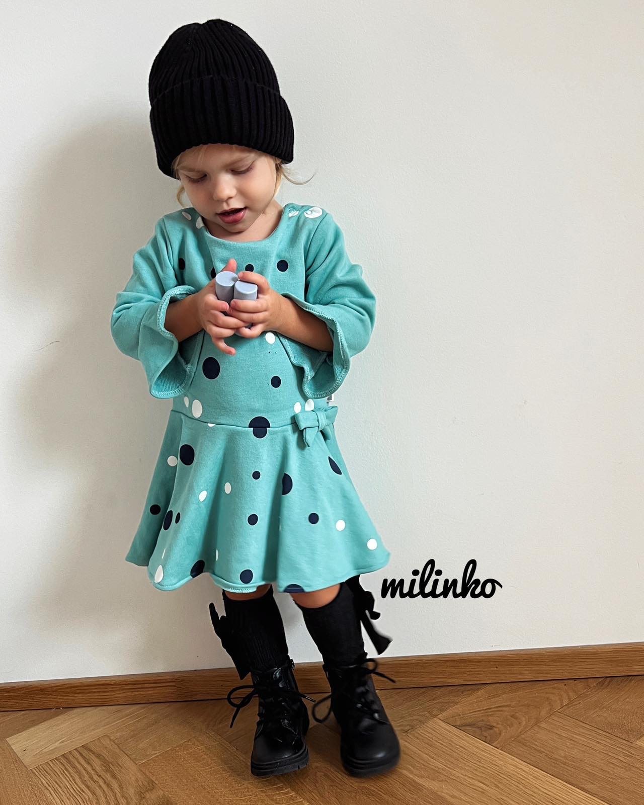 Miniworld Dievčenské šaty s dlhým rukávom- Bodkované, tyrkysové veľkosť: 74 (6-9m)