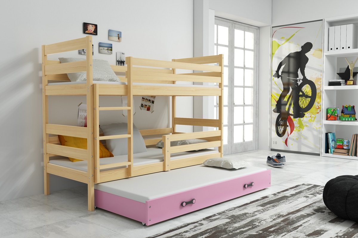 BMS Dětská patrová postel s přistýlkou Eryk 3 | borovice Barva: Borovice / růžová, Rozměr: 160 x 80 cm