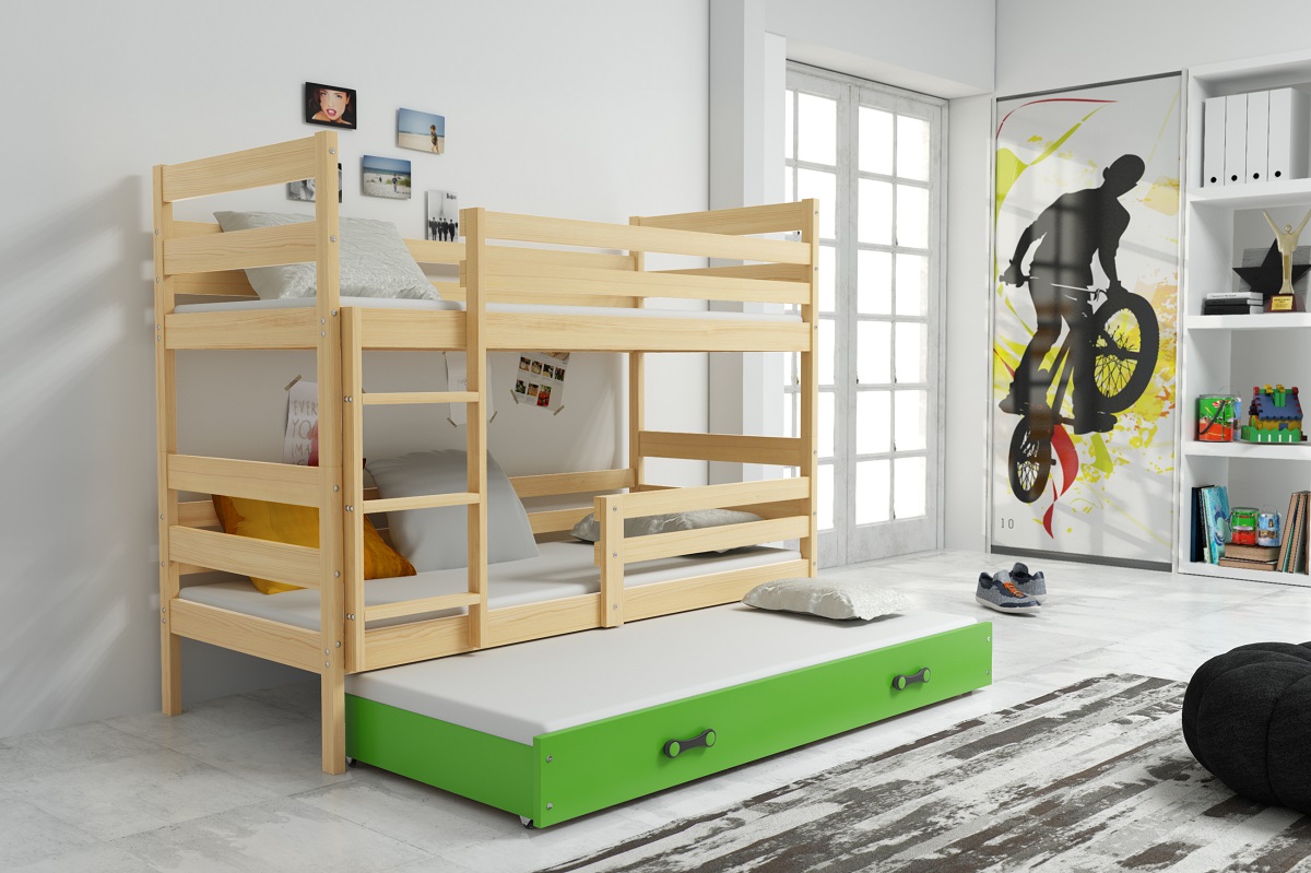 BMS Dětská patrová postel s přistýlkou Eryk 3 | borovice Barva: Borovice / zelená, Rozměr: 200 x 90 cm